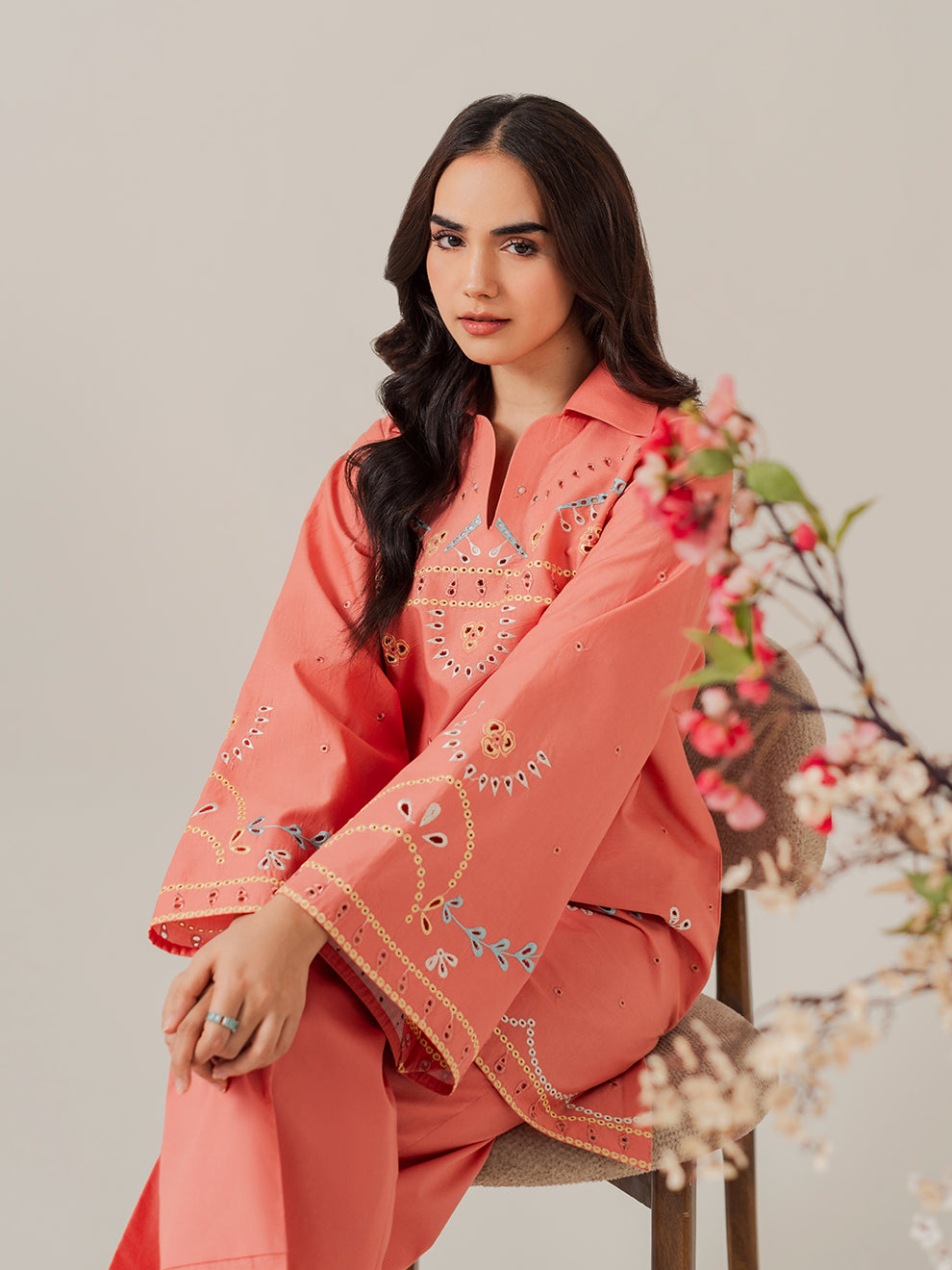 Coral- 2Pcs Embroidered Coord Set