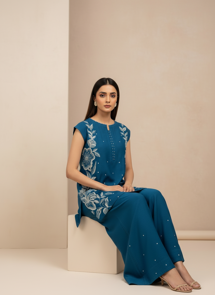 Zunairah – 2Pc Embroidered Co-ords Korean Raw Silk Set