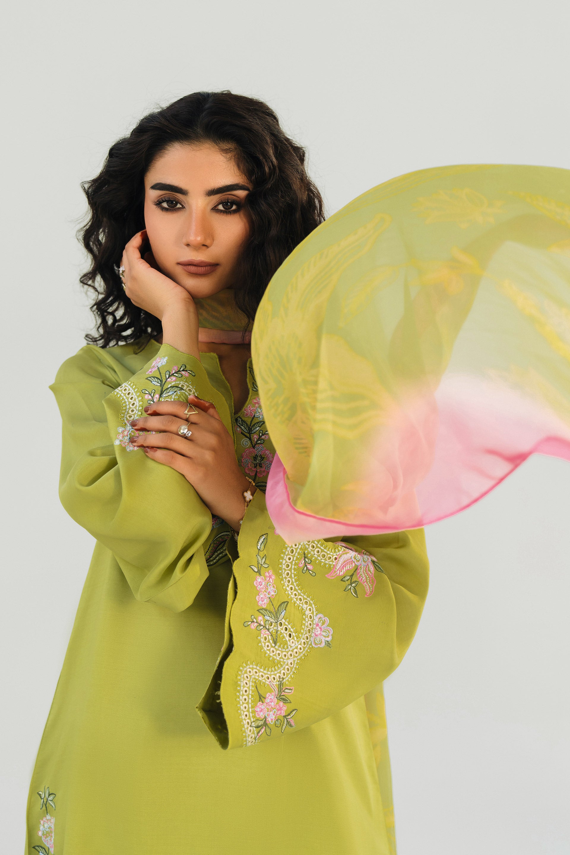 OLIVE LIME - 3pcs Khaddi Silk Ensemble