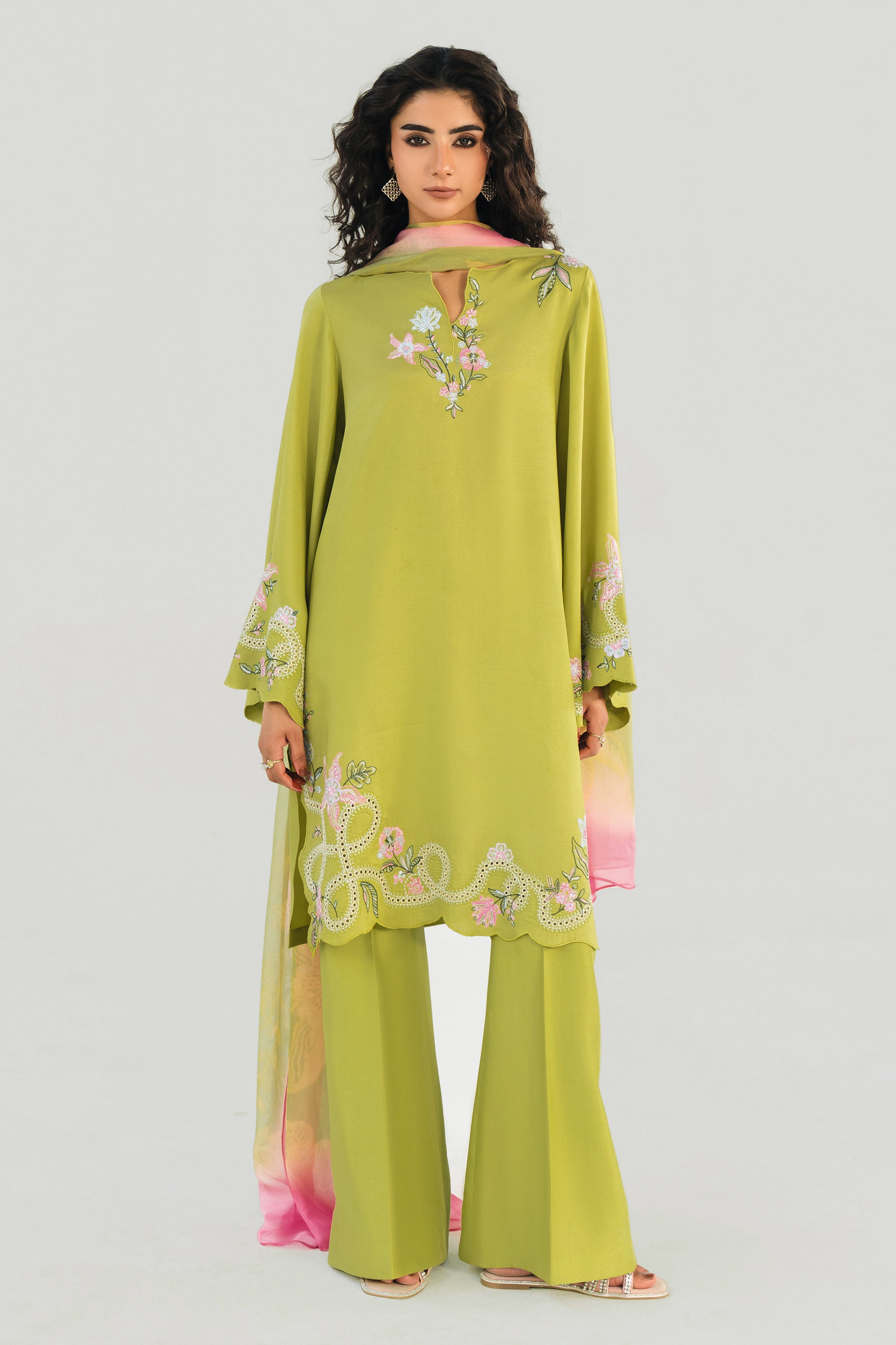 OLIVE LIME - 3pcs Khaddi Silk Ensemble