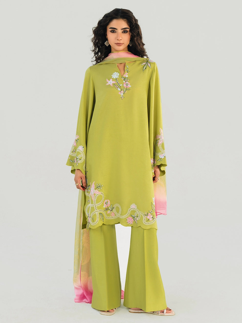 OLIVE LIME - 3pcs Khaddi Silk Ensemble