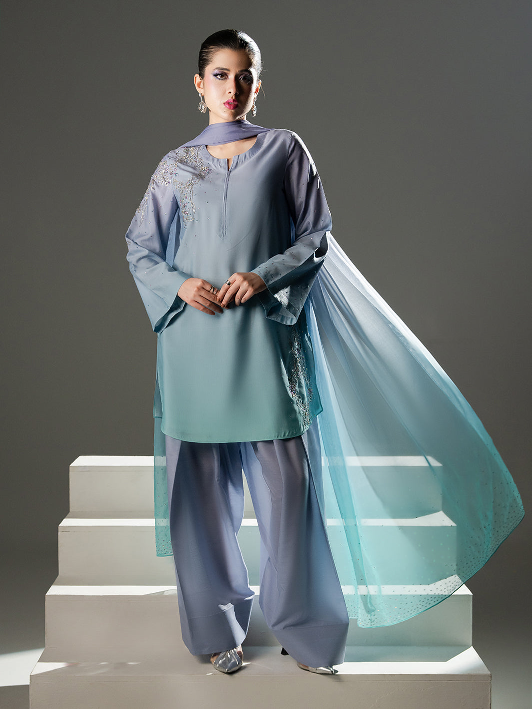 Oceanway – 3 Pcs Hand Embellished Printed Crepe Set