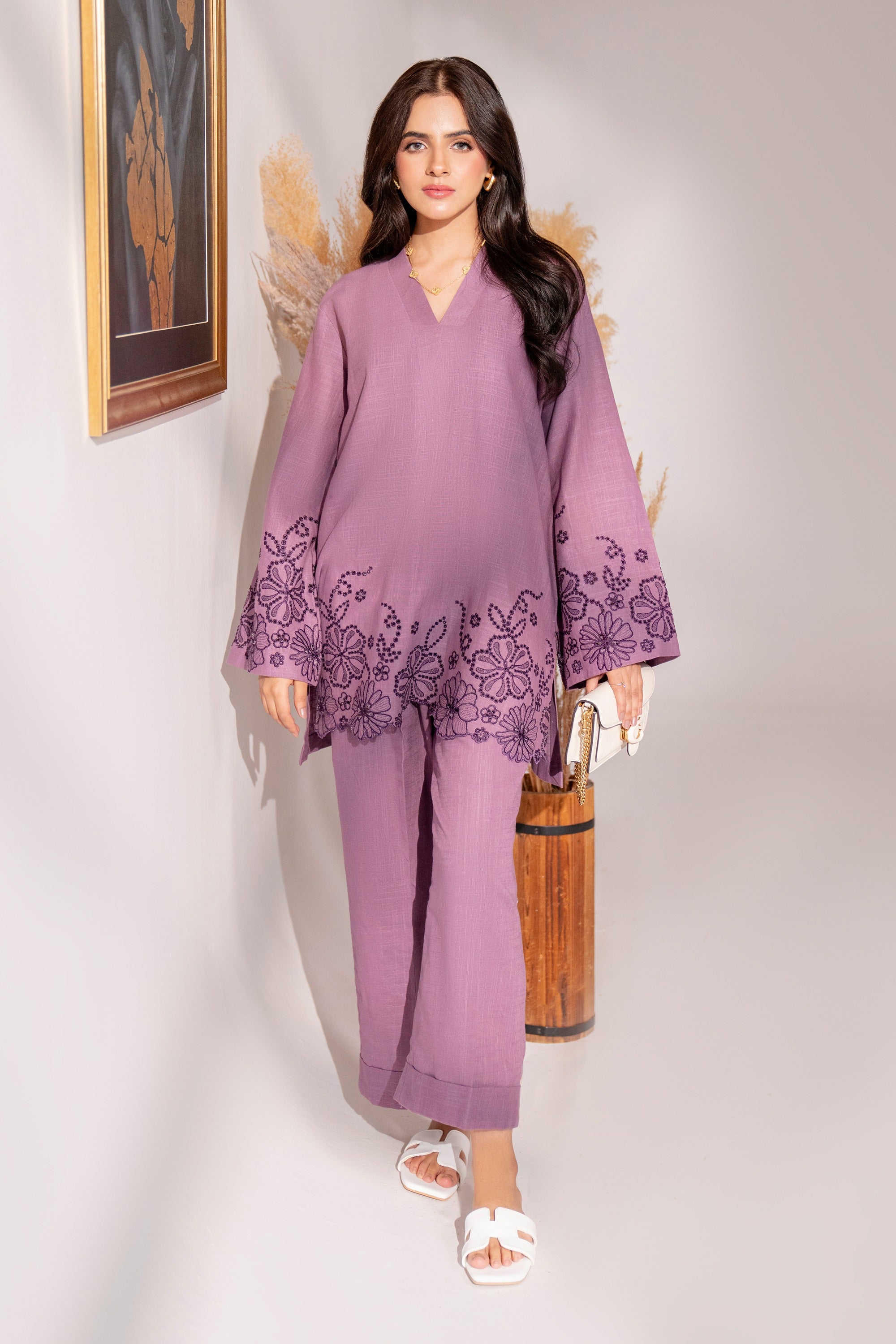 Mauve - 2Pc Embroidered Khaddar Coords Set