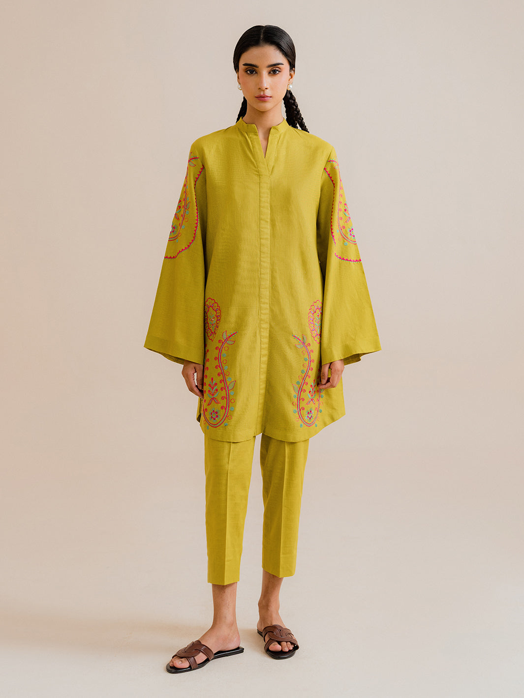 Eten mustard yellow embroidered khaddar co-ord set for women